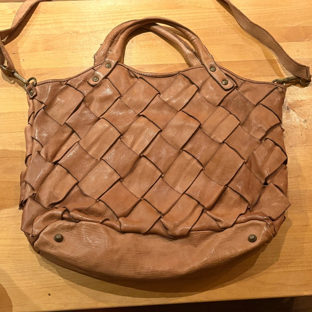 Tan Woven Leather Shoulder Bag with Bohemian Style